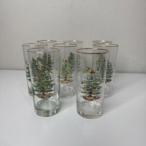 Set of 7 Spode Highball Glasses‎ Tumblers Christmas Tree w/ Gold Rim 6.25"